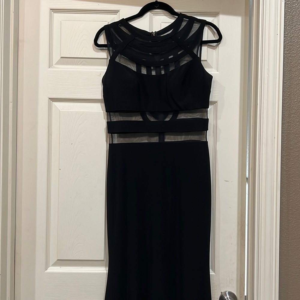 Betsy and Adam Mesh stripe floor length gown
